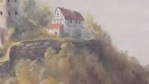 Aquarellbild eines Fachwerkhauses über dem Donautal
