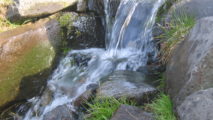 Bachlauf mit kleinem Wasserfall über Felsen als Sinnbild für Wasseradern